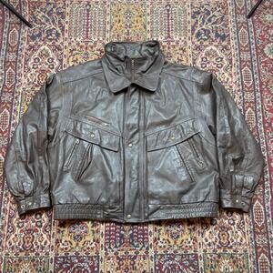VTG‎ 80s 90s LA Leather Brown Bomber Jacket Zip Pockets Double Collar XXL 2XL
